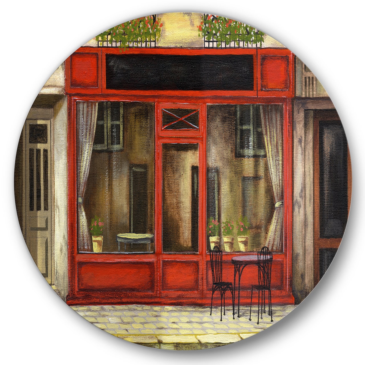 Designart - Red Facade of Charming Shop In Paris I - French Country Metal Circle Wall Art